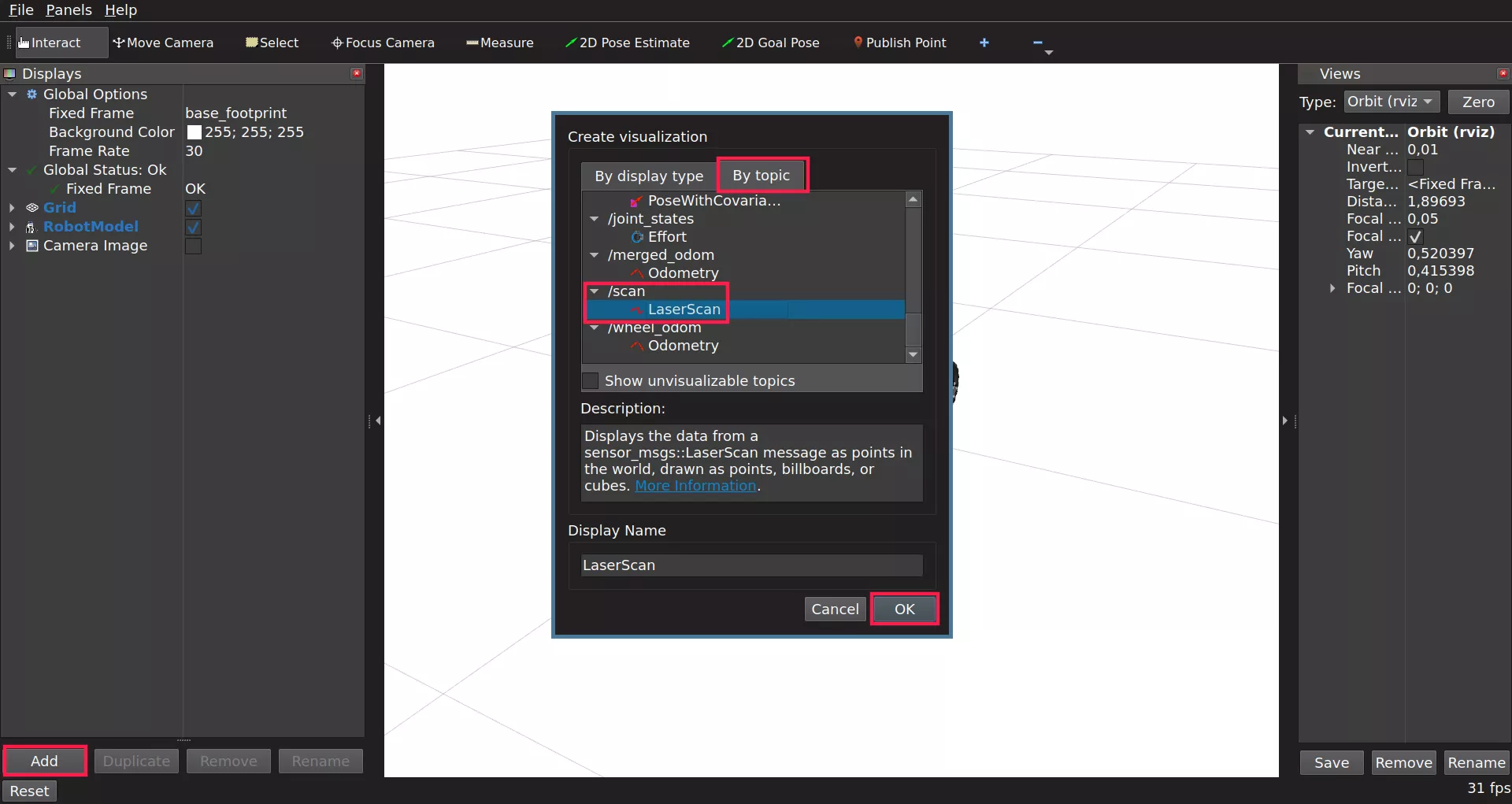 Adding LaserScan topic in RViz